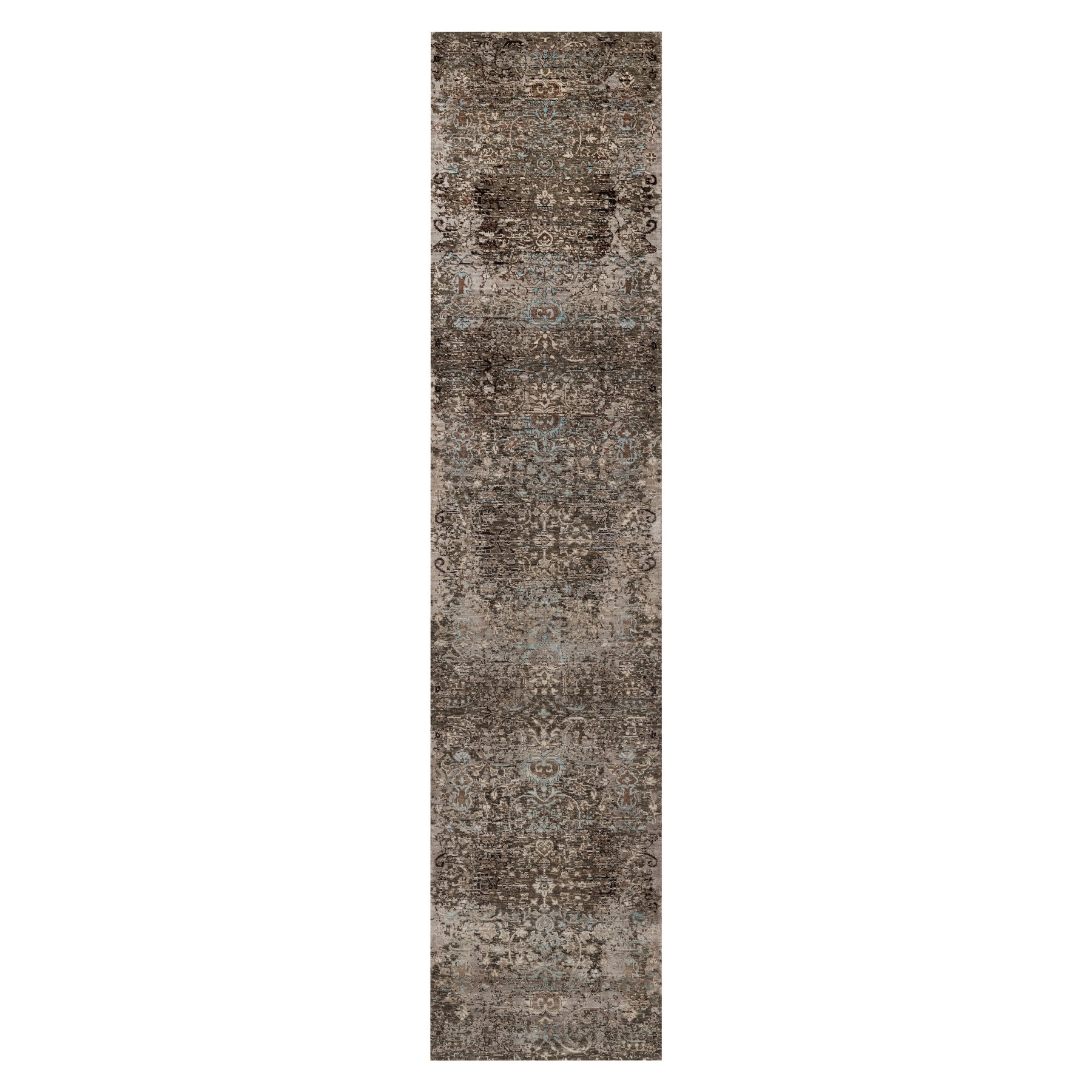 2'7"x11'10" Shades of Brown, Transitional Persian Influence Erased Flower Design, Hand Knotted, Silk with Textured Wool, Runner, Oriental Rug 